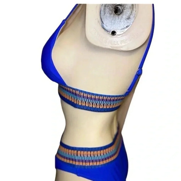 Women's Blue Triangle Bikini Set w/ Contrasts Trim Size M High-Waisted - Picture 10 of 13